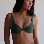 Woman wearing a green bikini set against a plain background