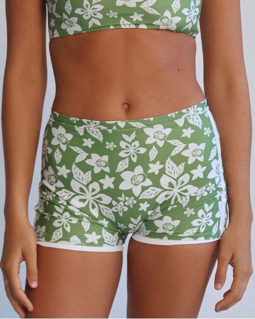 Person wearing a green and white floral bikini set against a plain background